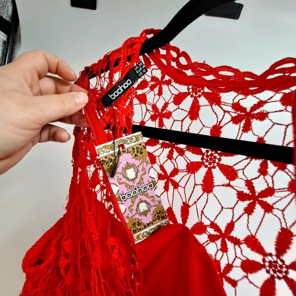 Boohoo Skater Dress Plus 16 Sleeveless Lace Tiered High Neck Night Out Red NWT - Picture 9 of 12